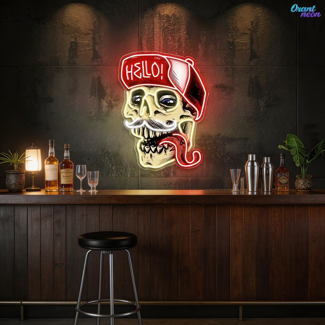 Skull Wearing Hello Hat Neon Sign Light Artwork