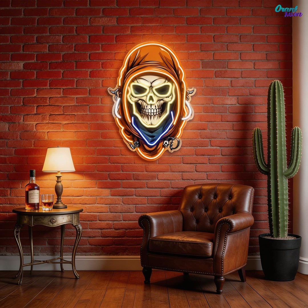 Mysterious Skull Wearing Cloak Neon Sign Light Artwork