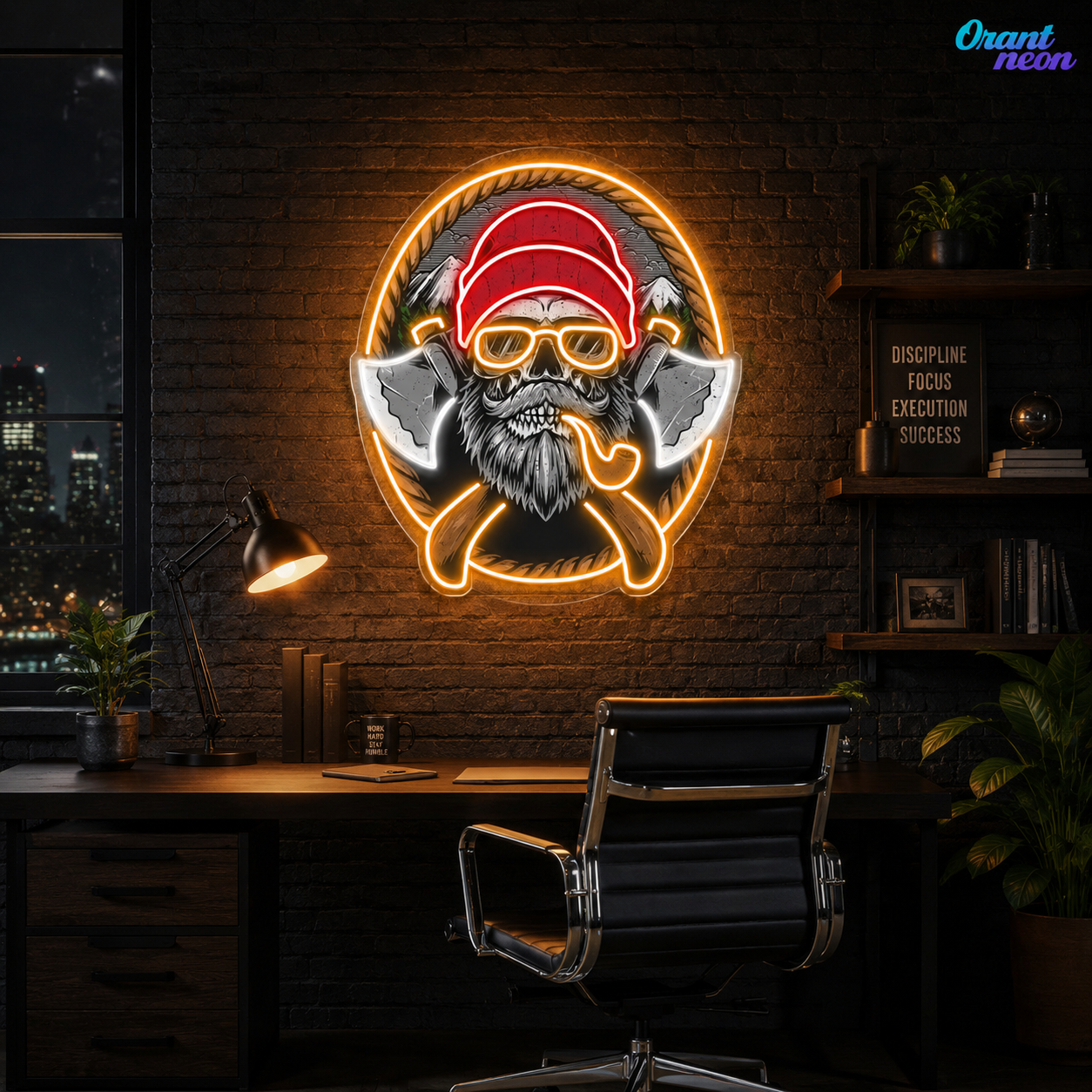 Beard Woodman Skull With Axe Neon Sign Light Artwork