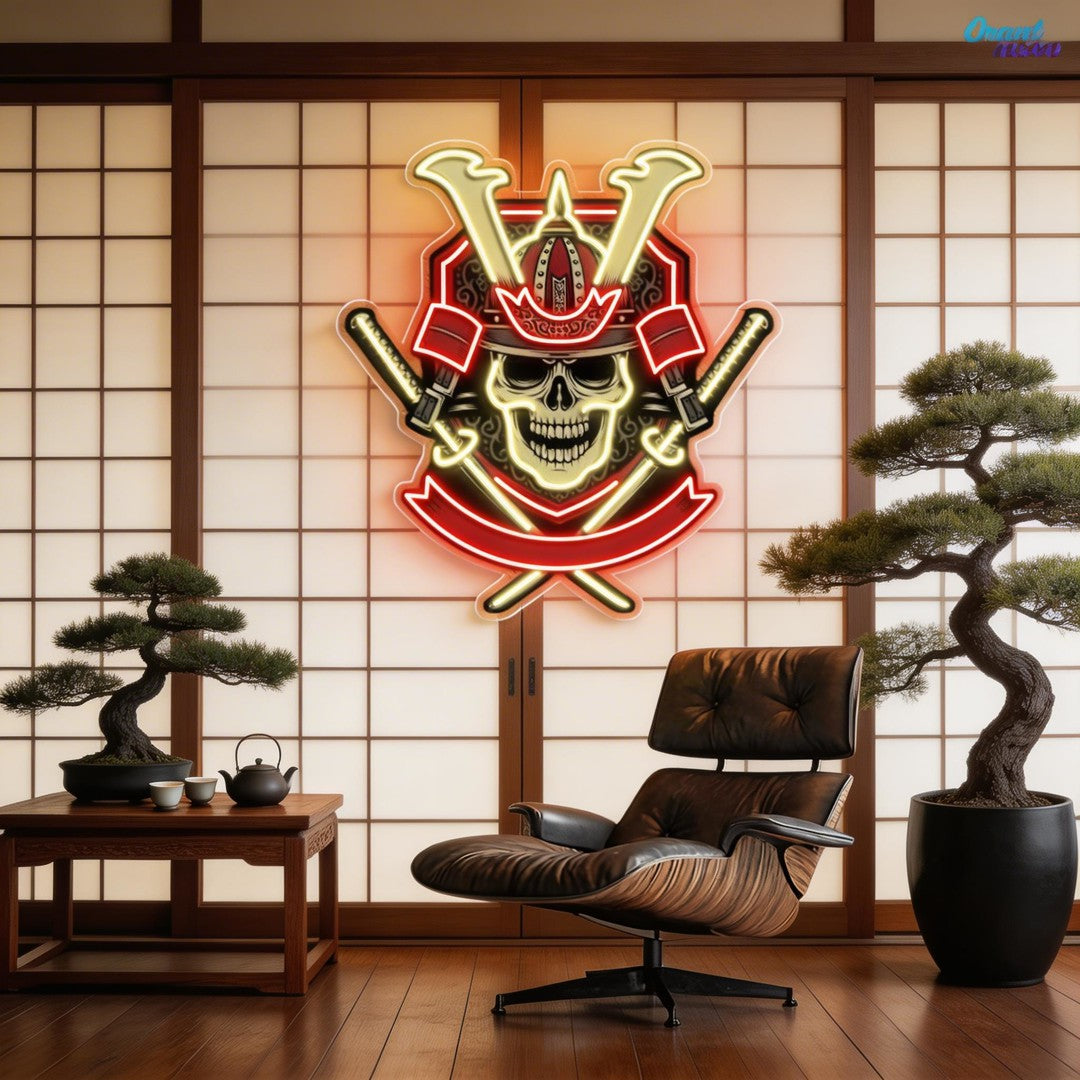 Japanese Samurai Skull Holding Katana Sword Neon Sign Light Artwork