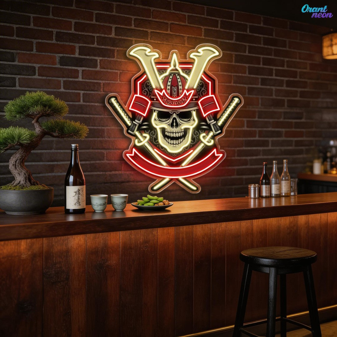 Japanese Samurai Skull Holding Katana Sword Neon Sign Light Artwork