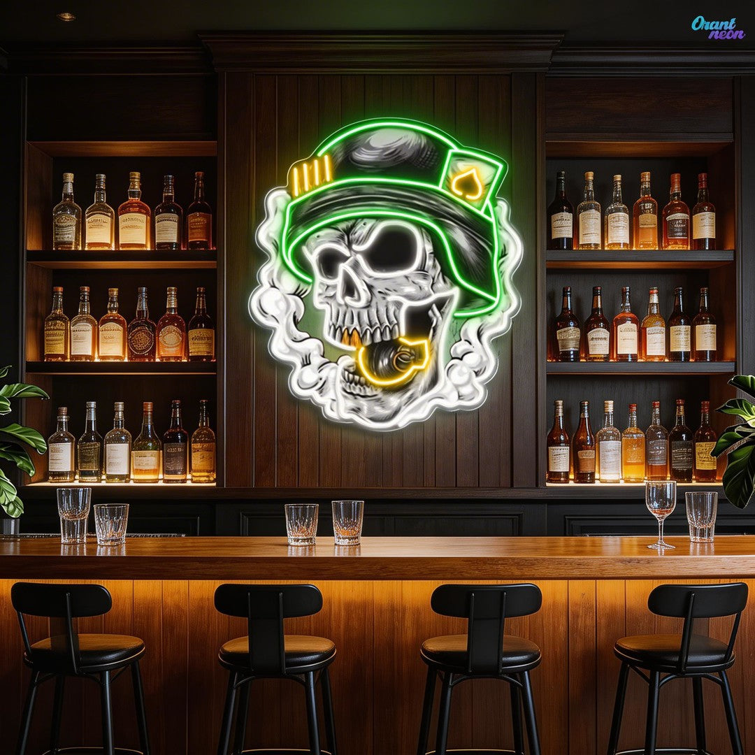Cool Skull Wearing Helmet With Smoke and Bomb Neon Sign Light Artwork