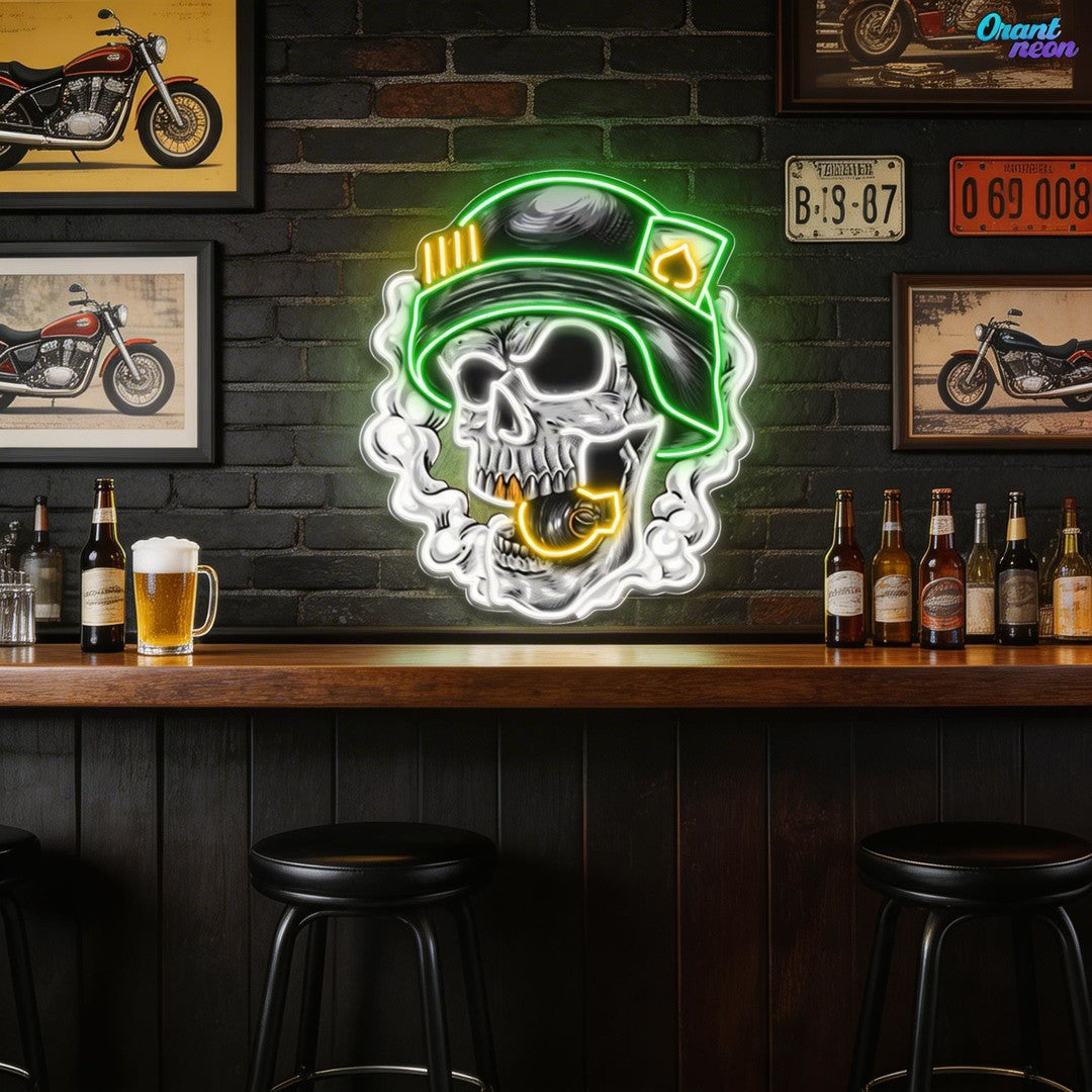 Cool Skull Wearing Helmet With Smoke and Bomb Neon Sign Light Artwork