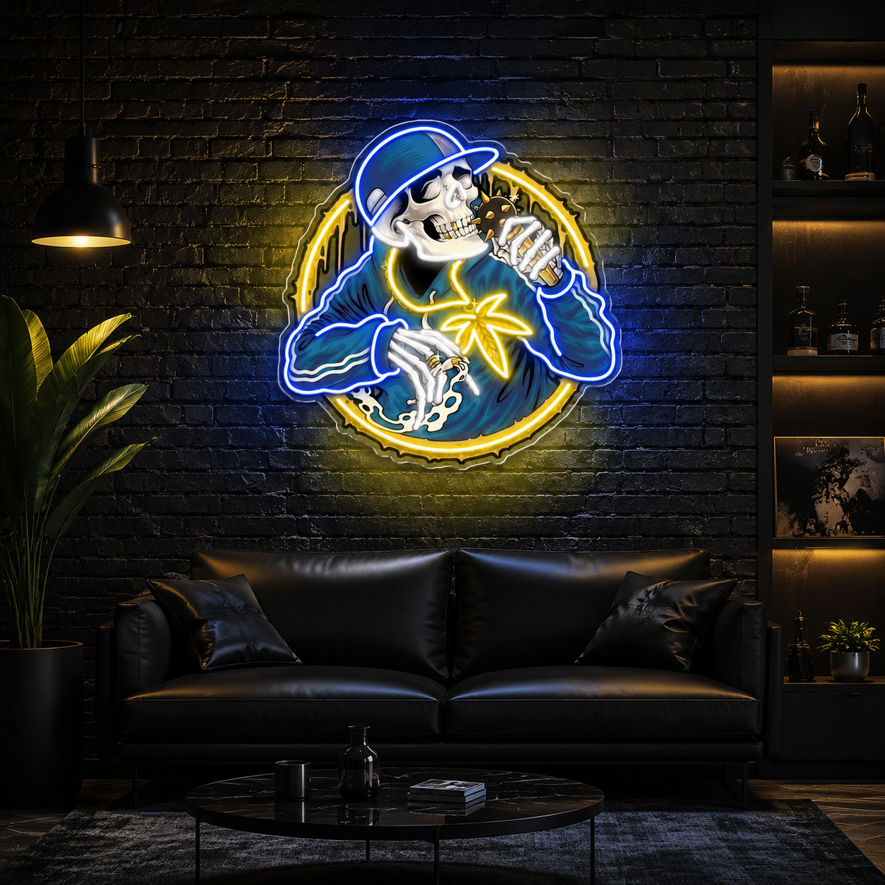 Smoking Weed Skull Rapper With Spiky Mic Neon Sign Light Artwork