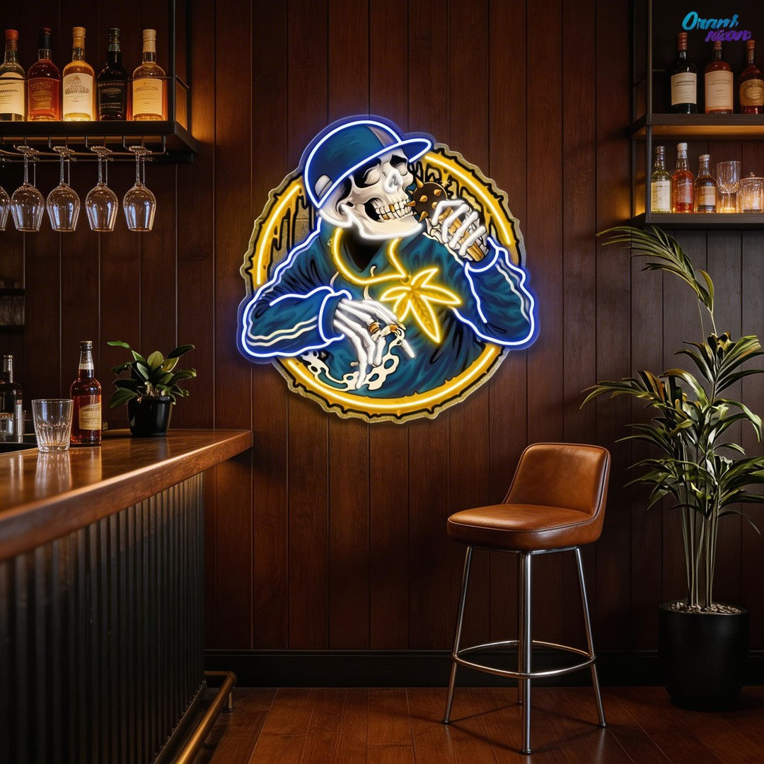 Smoking Weed Skull Rapper With Spiky Mic Neon Sign Light Artwork