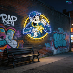 Smoking Weed Skull Rapper With Spiky Mic Neon Sign Light Artwork