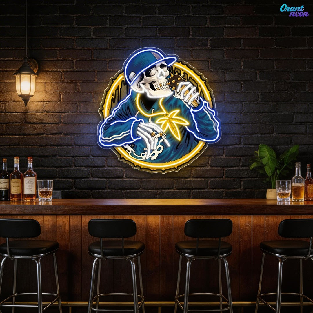 Smoking Weed Skull Rapper With Spiky Mic Neon Sign Light Artwork