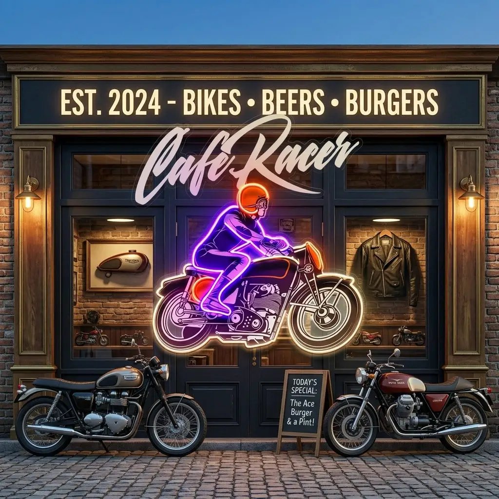 Cafe Racer Custom Motorcycles Maniac LED Neon Sign Light Pop Art