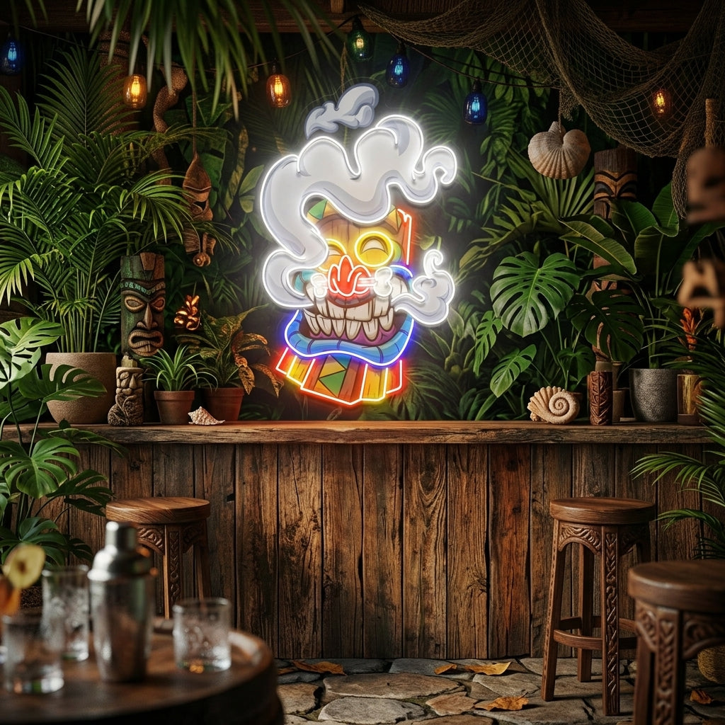 Cartoon Happy Smoking Tiki Mask Artwork Led Neon Sign Light