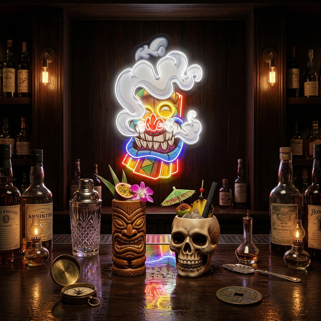 Cartoon Happy Smoking Tiki Mask Artwork Led Neon Sign Light