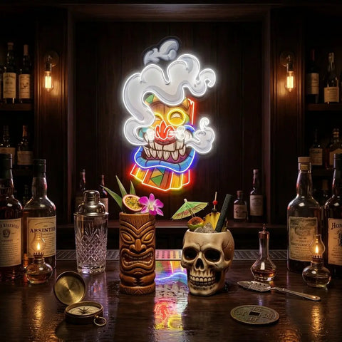 Cartoon Happy Smoking Tiki Mask Artwork Led Neon Sign Light