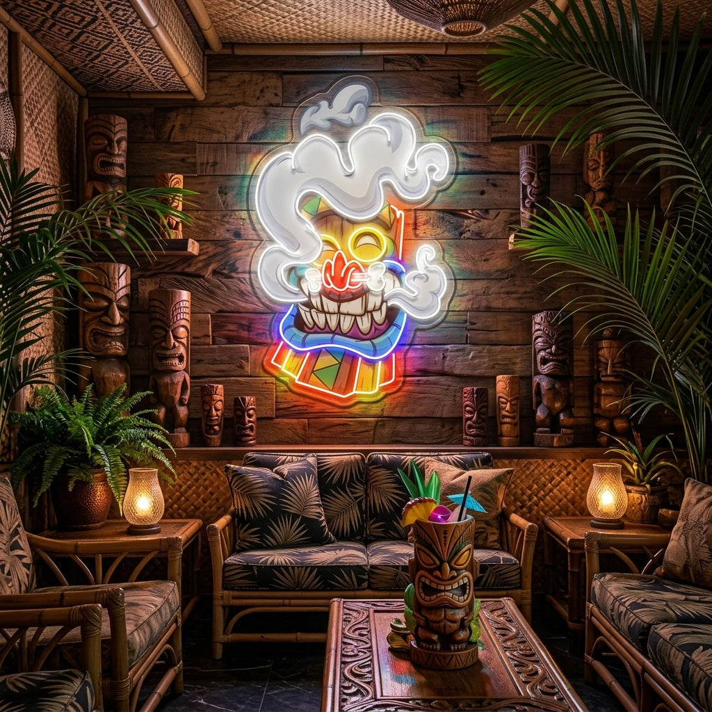 Cartoon Happy Smoking Tiki Mask Artwork Led Neon Sign Light