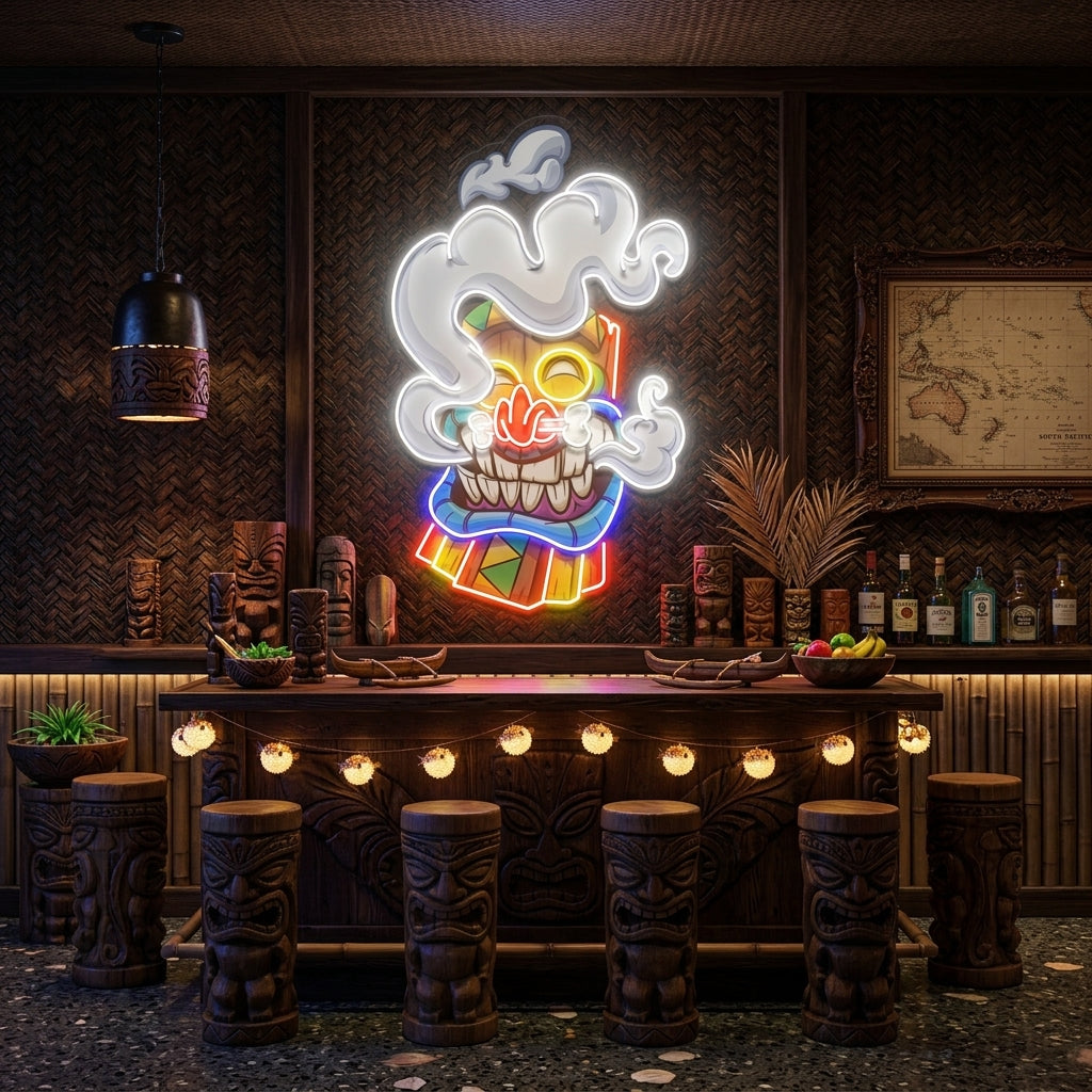 Cartoon Happy Smoking Tiki Mask Artwork Led Neon Sign Light