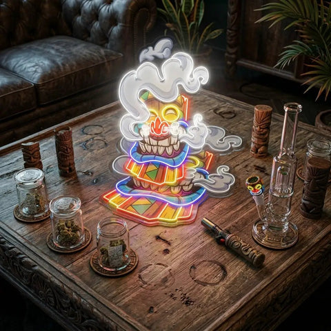 Cartoon Happy Smoking Tiki Mask Artwork Led Neon Sign Light