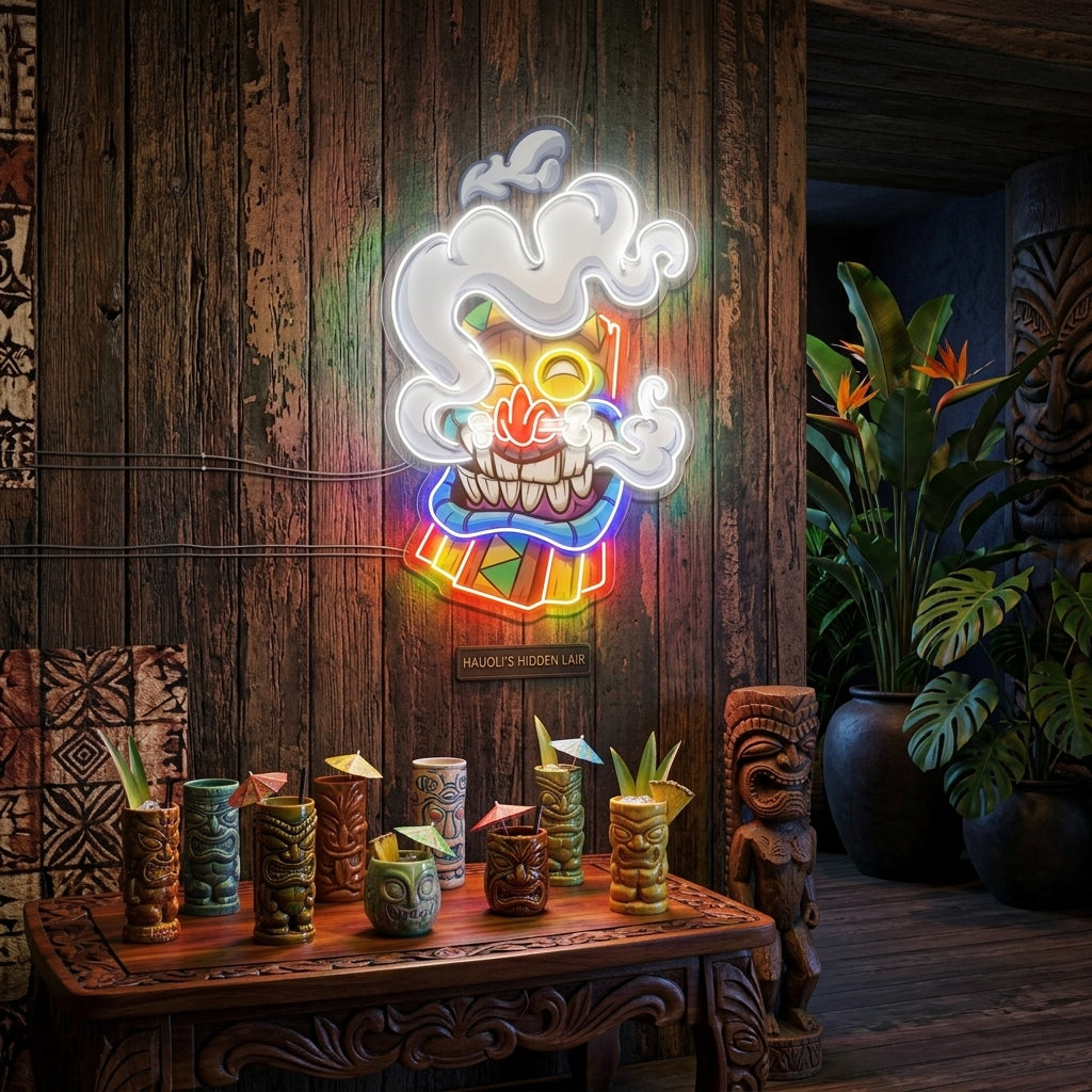 Cartoon Happy Smoking Tiki Mask Artwork Led Neon Sign Light