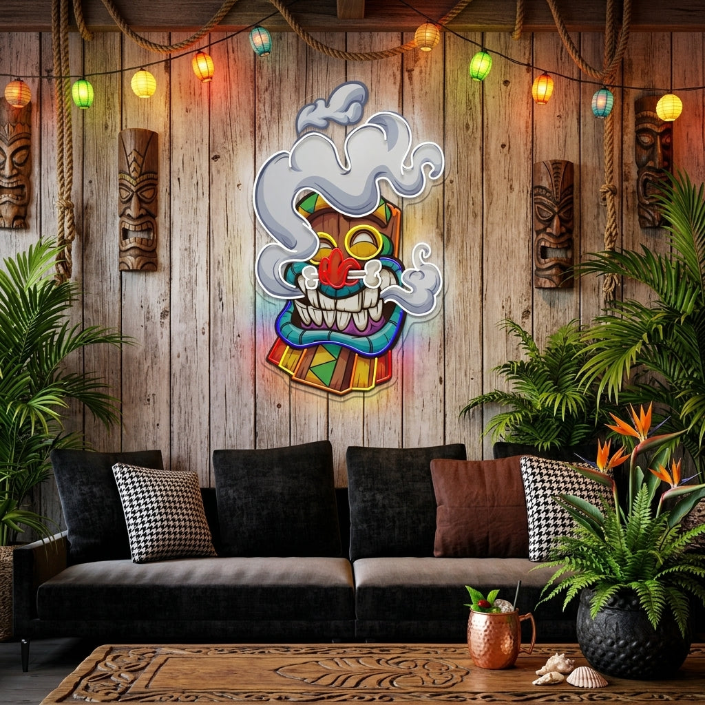 Cartoon Happy Smoking Tiki Mask Artwork Led Neon Sign Light
