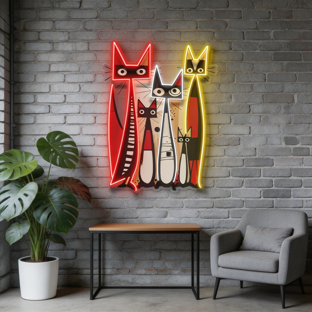 Cat Family In Abstract Art LED Neon Sign Light