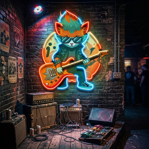 Cat Character With Guitar LED Neon Sign Light Pop Art