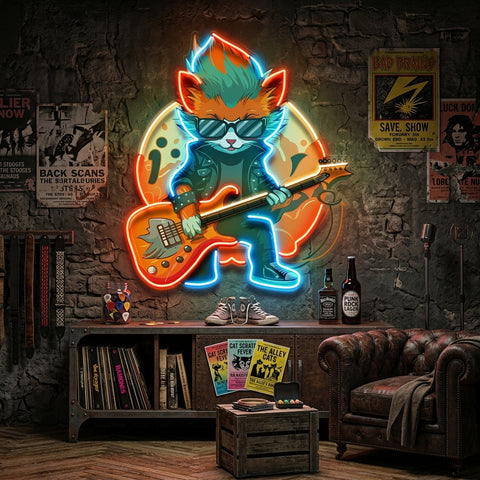 Cat Character With Guitar LED Neon Sign Light Pop Art