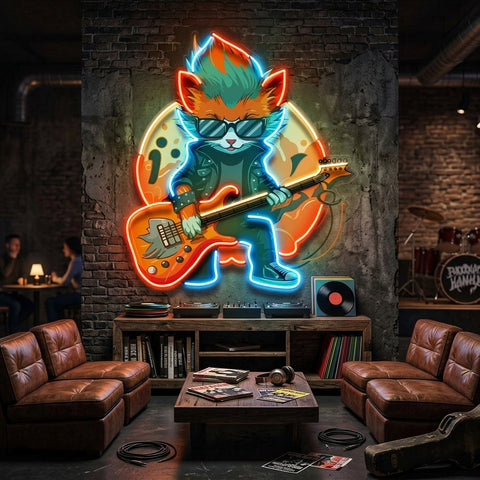 Cat Character With Guitar LED Neon Sign Light Pop Art