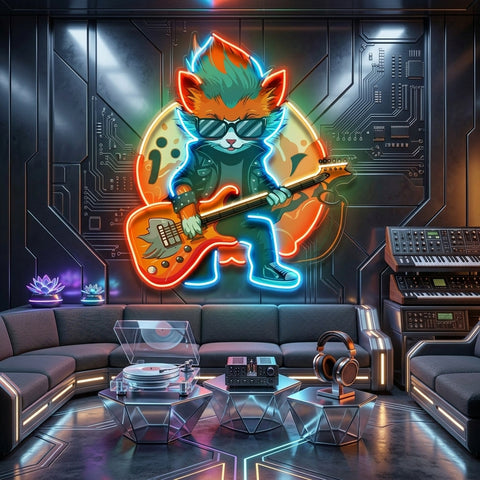 Cat Character With Guitar LED Neon Sign Light Pop Art
