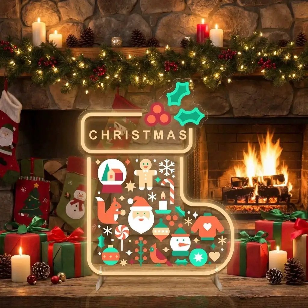 Christmas Stocking LED Neon Sign with Holiday Icons