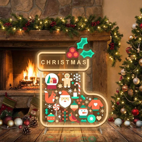 Christmas Stocking LED Neon Sign with Holiday Icons