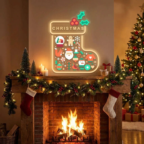 Christmas Stocking LED Neon Sign with Holiday Icons
