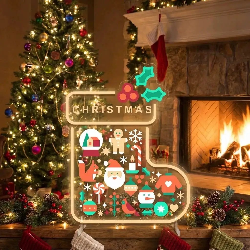 Christmas Stocking LED Neon Sign with Holiday Icons
