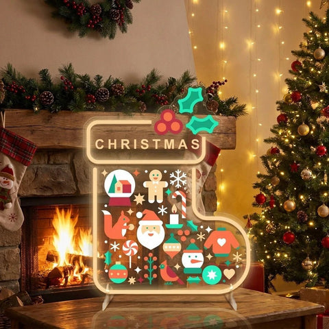 Christmas Stocking LED Neon Sign with Holiday Icons