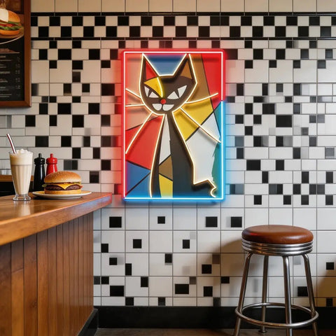 Colorful Cat Painting In Abstract Art LED Neon Sign Light