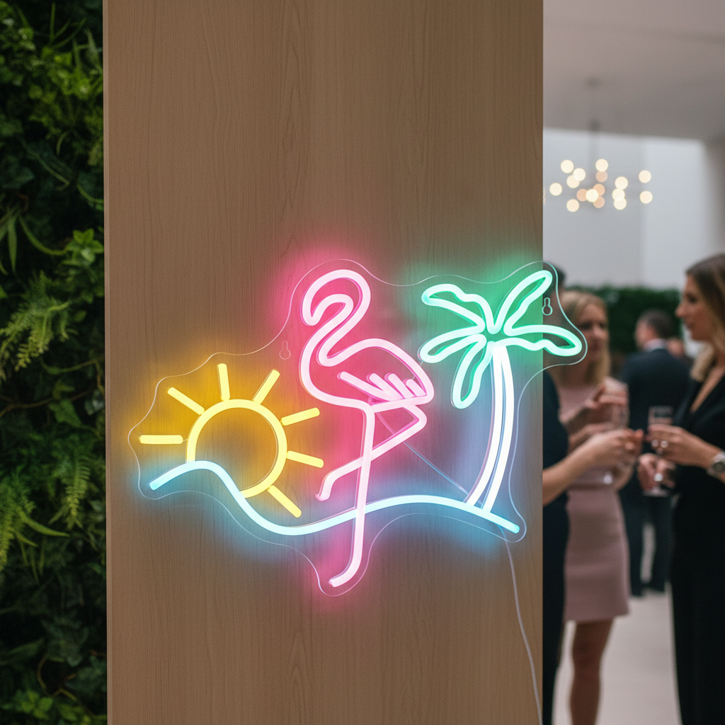 Colorful Flamingo Sun Palm Tree Neon Sign - VN03 - Customneonstudio