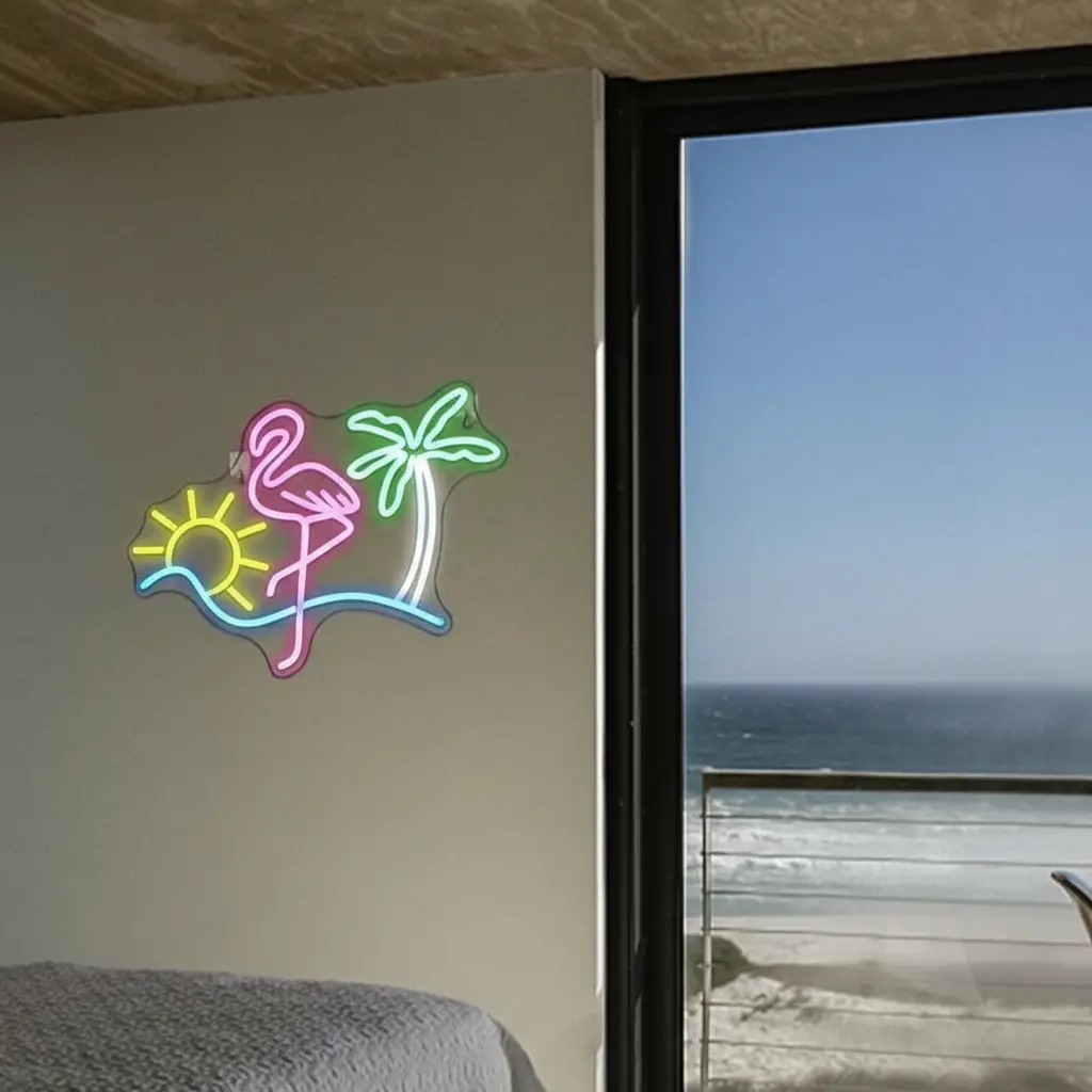 Colorful Flamingo Sun Palm Tree Neon Sign