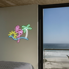 Colorful Flamingo Sun Palm Tree Neon Sign