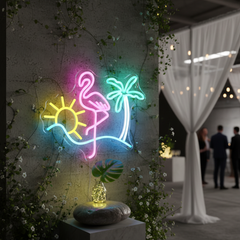 Colorful Flamingo Sun Palm Tree Neon Sign