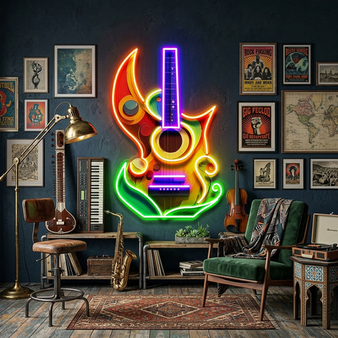 Colorful Guitar In Abstract Art LED Neon Sign Light Pop Art