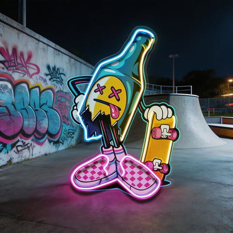 Cool Skateboarding Beer LED Neon Sign Light Pop Art