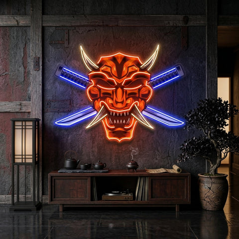 Crossed Knife Samurai Mask LED Neon Sign Light Pop Art