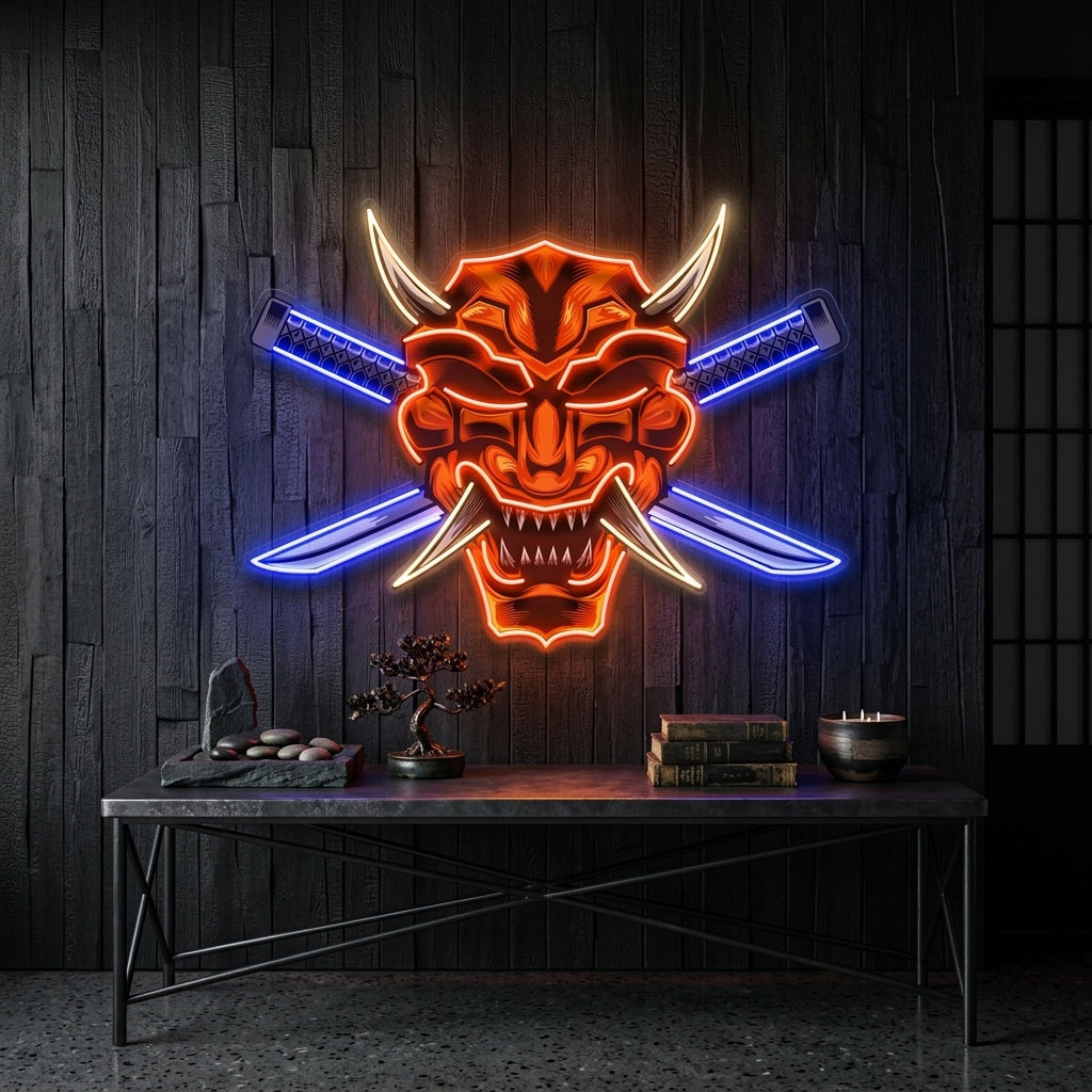 Crossed Knife Samurai Mask LED Neon Sign Light Pop Art