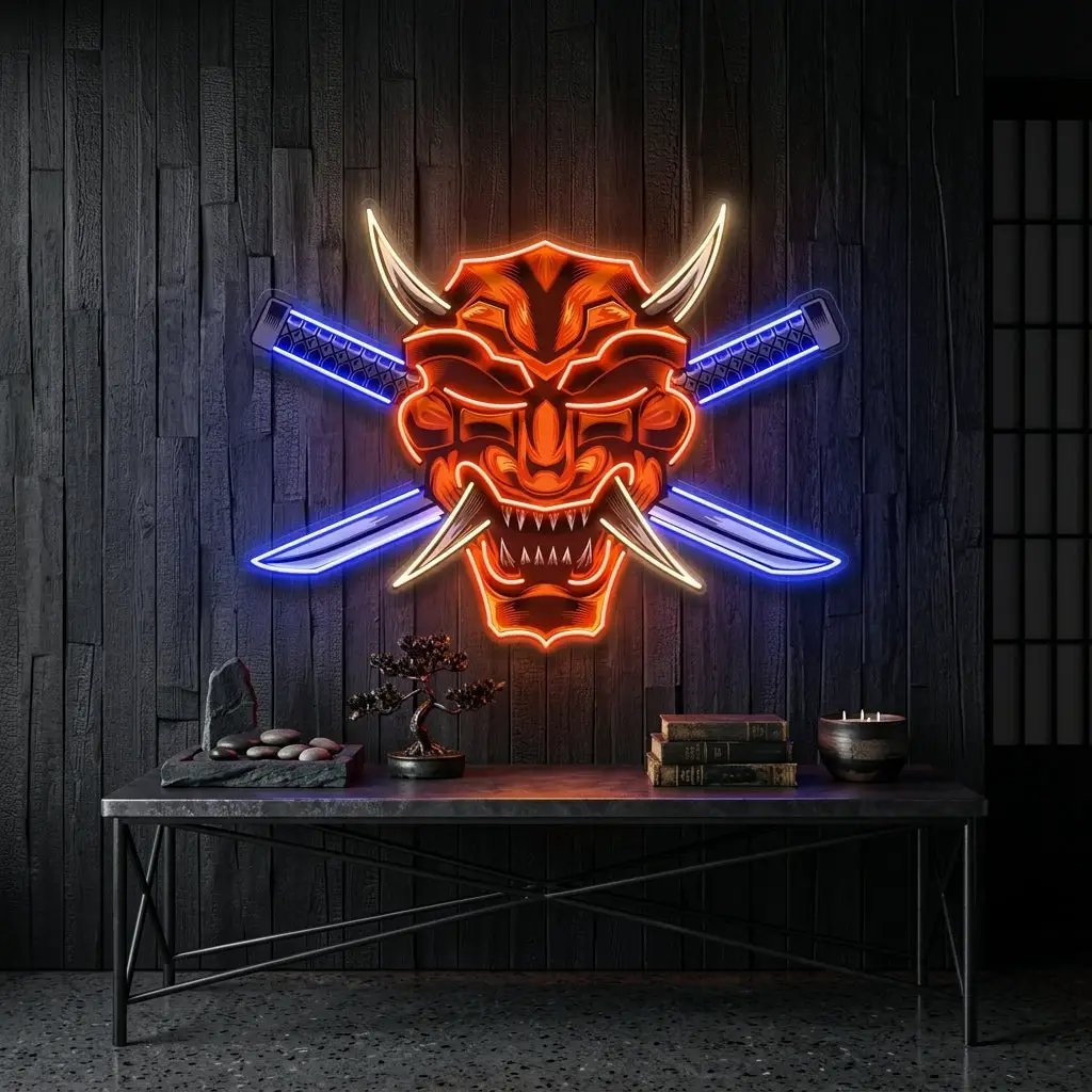 Crossed Knife Samurai Mask LED Neon Sign Light Pop Art