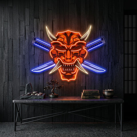 Crossed Knife Samurai Mask LED Neon Sign Light Pop Art