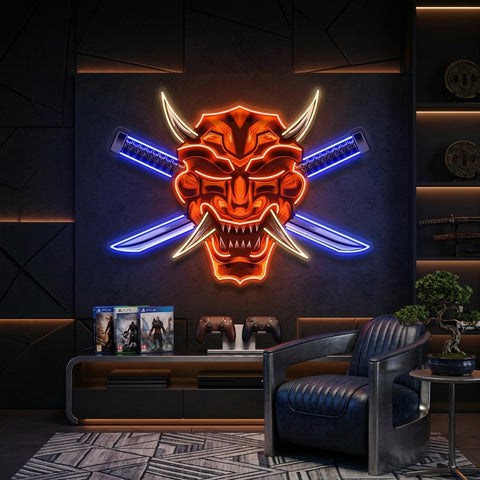 Crossed Knife Samurai Mask LED Neon Sign Light Pop Art