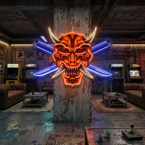 Crossed Knife Samurai Mask LED Neon Sign Light Pop Art