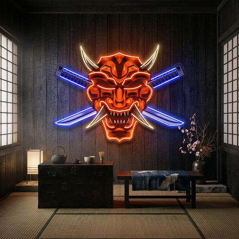 Crossed Knife Samurai Mask LED Neon Sign Light Pop Art