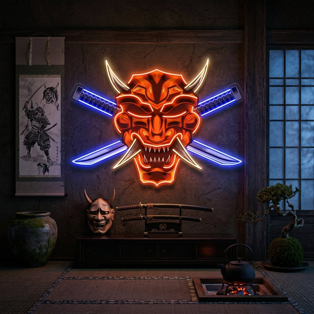 Crossed Knife Samurai Mask LED Neon Sign Light Pop Art