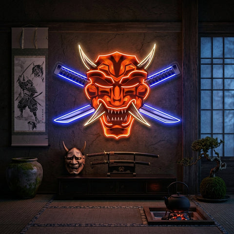 Crossed Knife Samurai Mask LED Neon Sign Light Pop Art