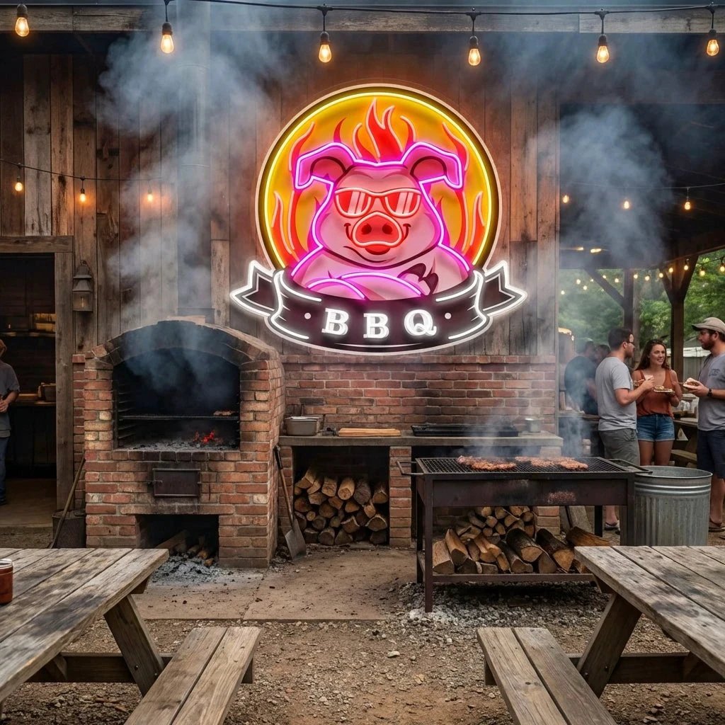 Custom Name Mascot Of Pig For BBQ In Badge Artwork Led Neon Sign Light