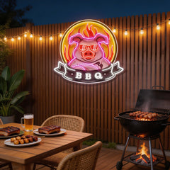 Custom Name Mascot Of Pig For BBQ In Badge Artwork Led Neon Sign Light