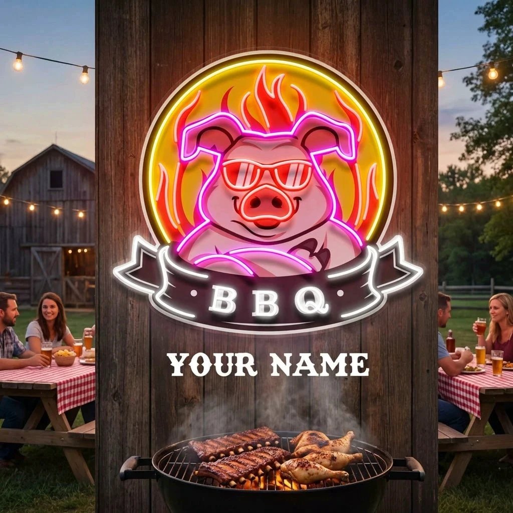 Custom Name Mascot Of Pig For BBQ In Badge Artwork Led Neon Sign Light