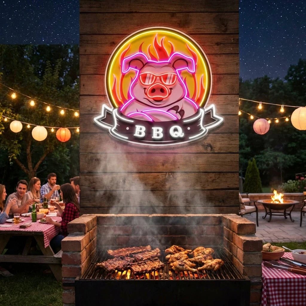 Custom Name Mascot Of Pig For BBQ In Badge Artwork Led Neon Sign Light